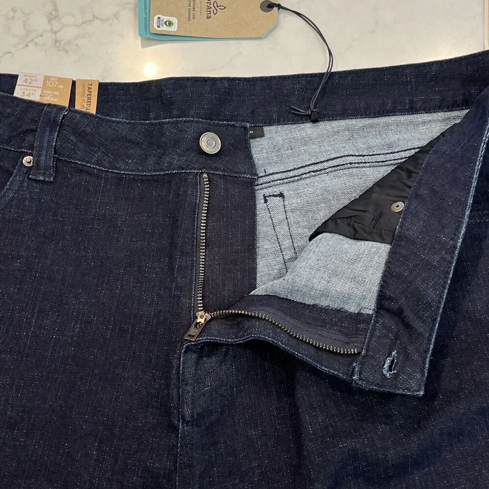 Prana Hillgard NEW Jeans Mens 42x34 Blue Dark Rinse Tapered Leg Slim Fit Organic